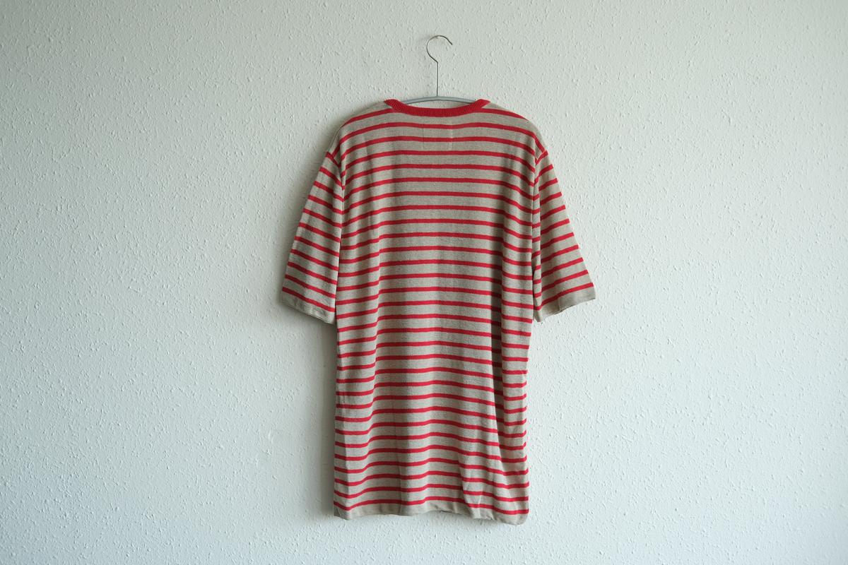 リネンニットボーダー半袖プルオーバー|メンズ|生成×レッド