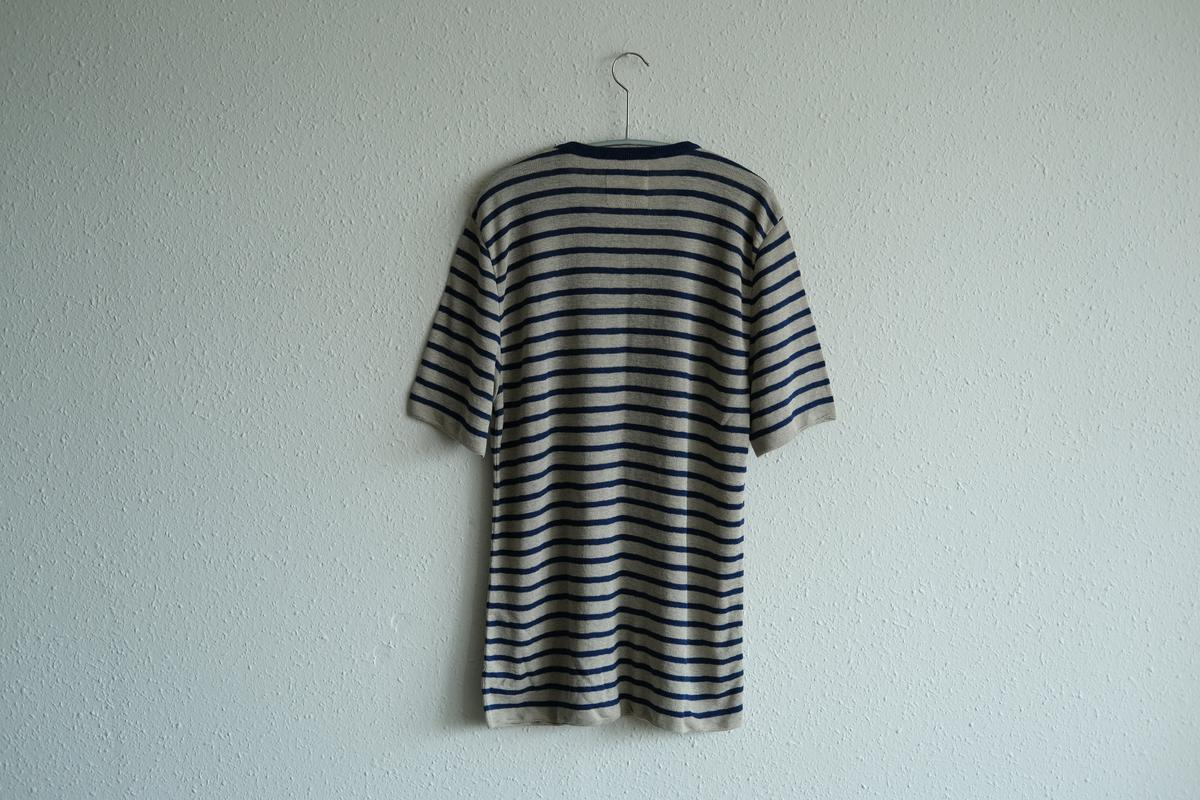 リネンニットボーダー半袖プルオーバー|メンズ|生成×ネイビー