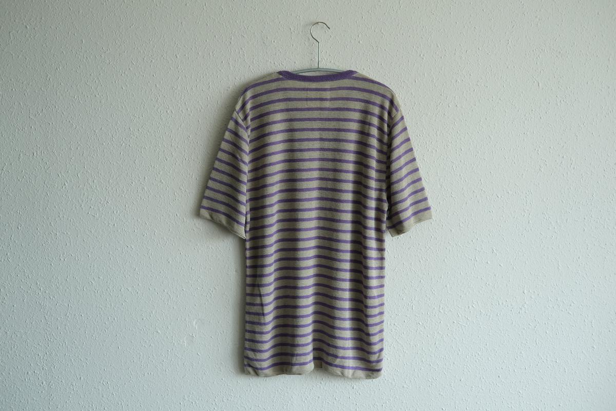 リネンニットボーダー半袖プルオーバー|メンズ|生成×パープル