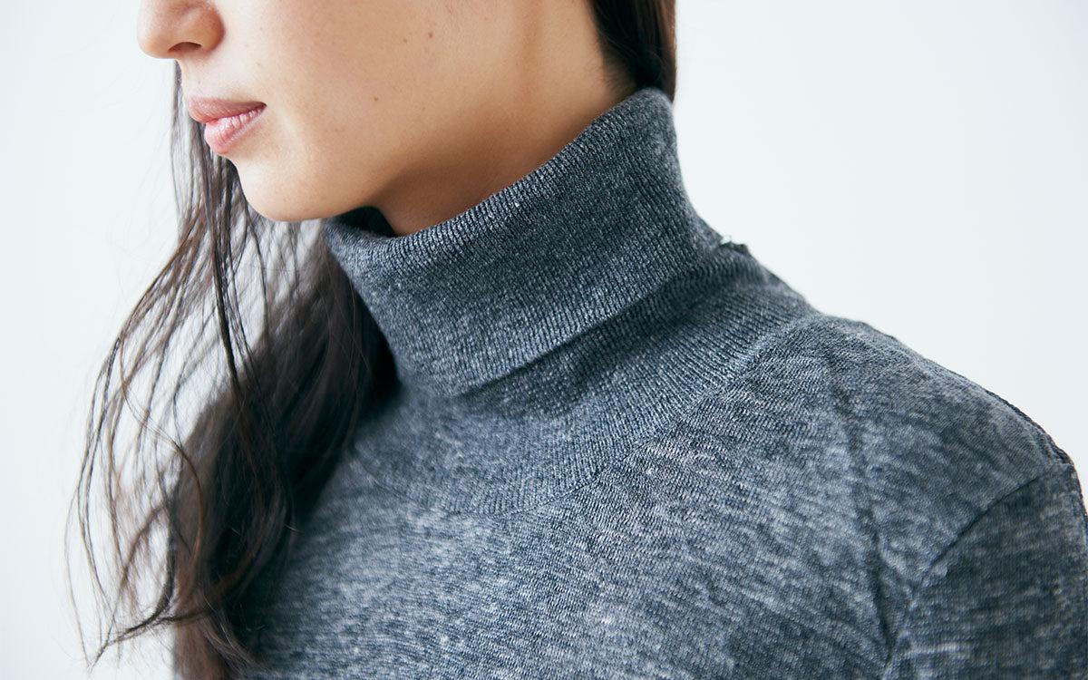 リネンニット タートルネック長袖二重プルオーバー|メンズ|ライトグレー