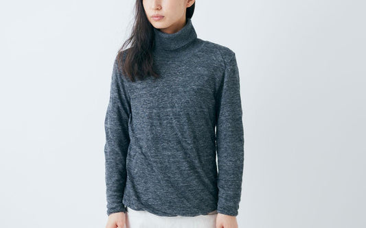 リネンニット タートルネック長袖二重プルオーバー|レディース|ネイビー
