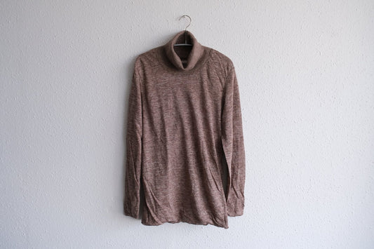 リネンニット タートルネック長袖二重プルオーバー|レディース|ブラウン