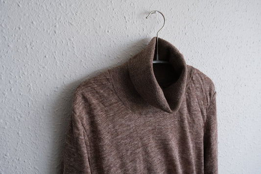 リネンニット タートルネック長袖二重プルオーバー|レディース|ブラウン