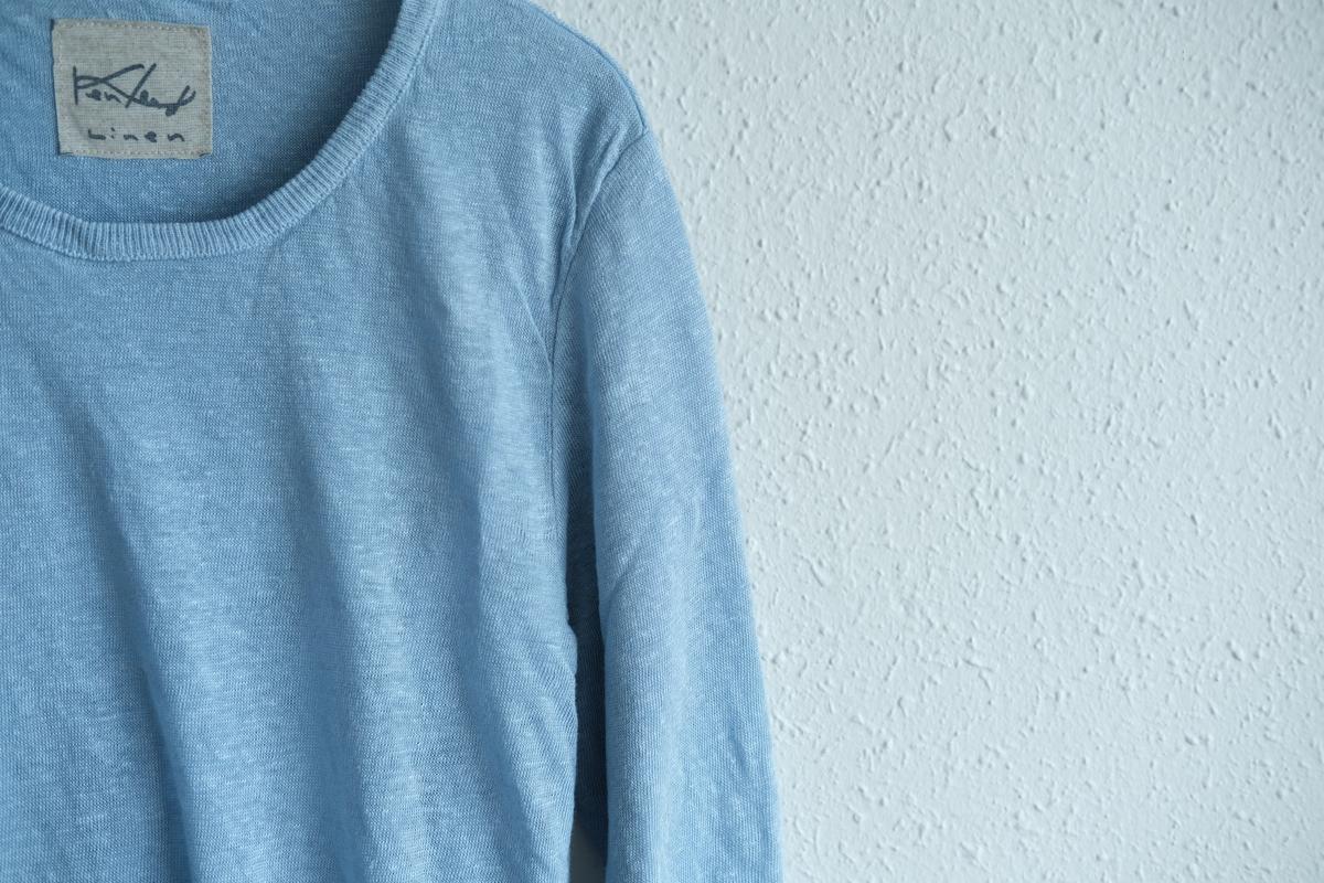 リネンニット 長袖二重プルオーバー｜レディース｜アクアブルー