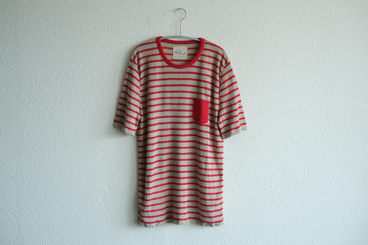 リネンニットボーダー半袖プルオーバー|メンズ|生成×レッド