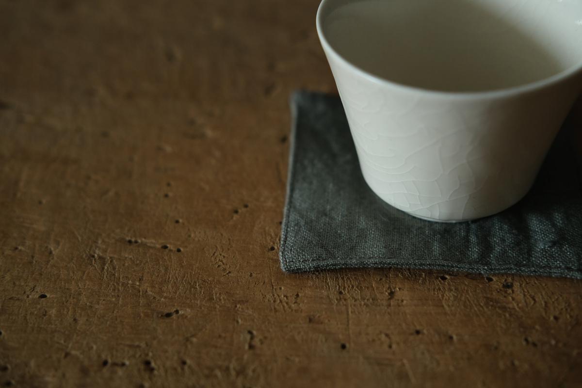 リネンコースター 8.3×8.3cm｜中厚地・カーキ