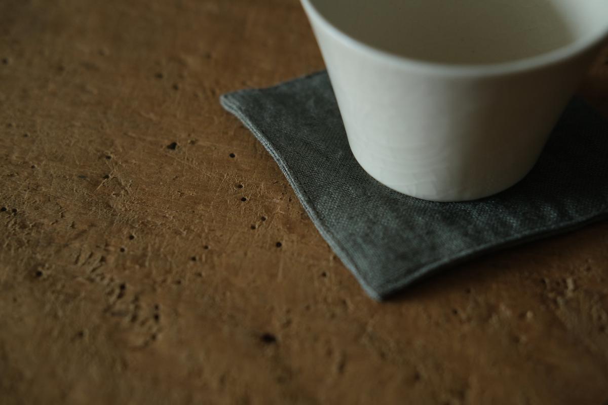 リネンコースター 8.3×8.3cm｜中厚地・カーキ