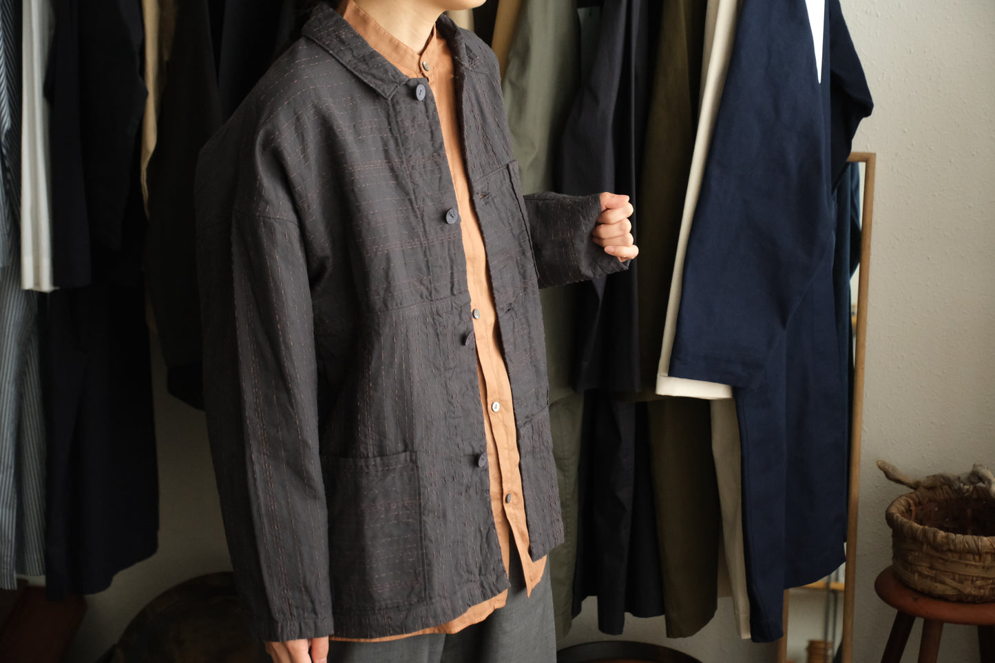 MITTAN / 薄手刺し子織ジャケット ベンガラ薄紅 JK-86B / unisex