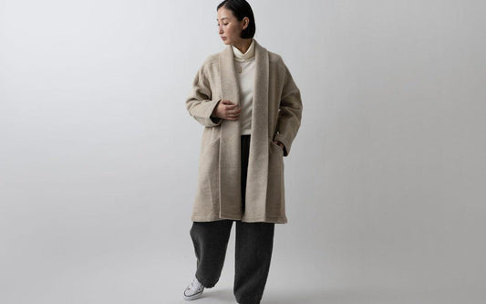 MITTAN / ウールシルクキャメル半纏コート(紐付き) 白茶 CT-43 / unisex