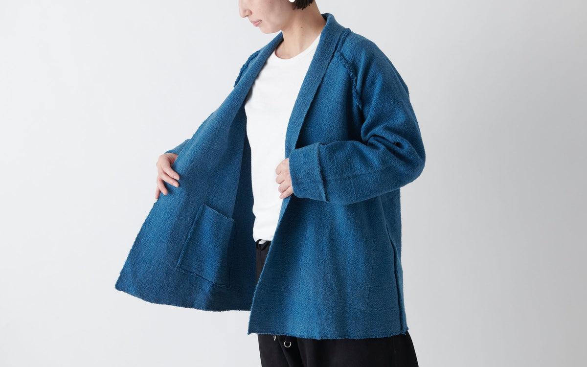 【チャラヤン】美品 イタリア製 綿麻 後ろ開き ショールカラー ジャケット 青